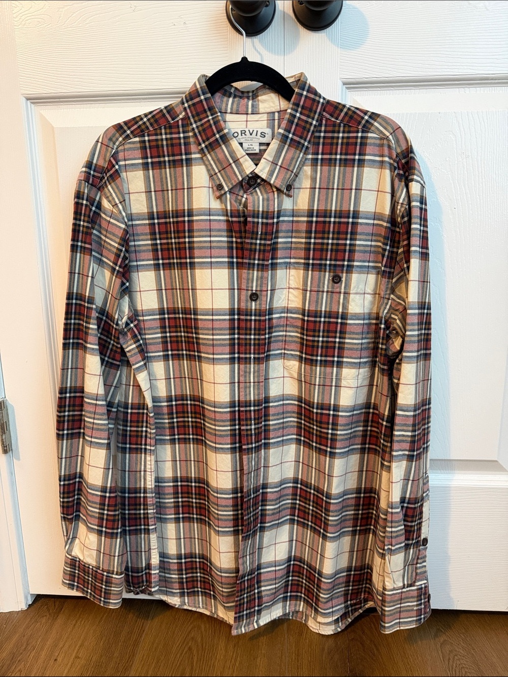 Orvis Button-Down Plaid Shirt in Red, Cream and Gray